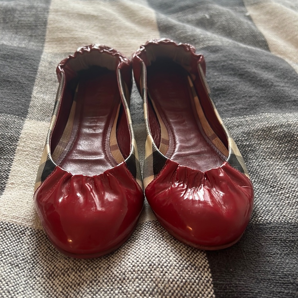 Burberry Red Patent Leather Nova Check Ballet Flats